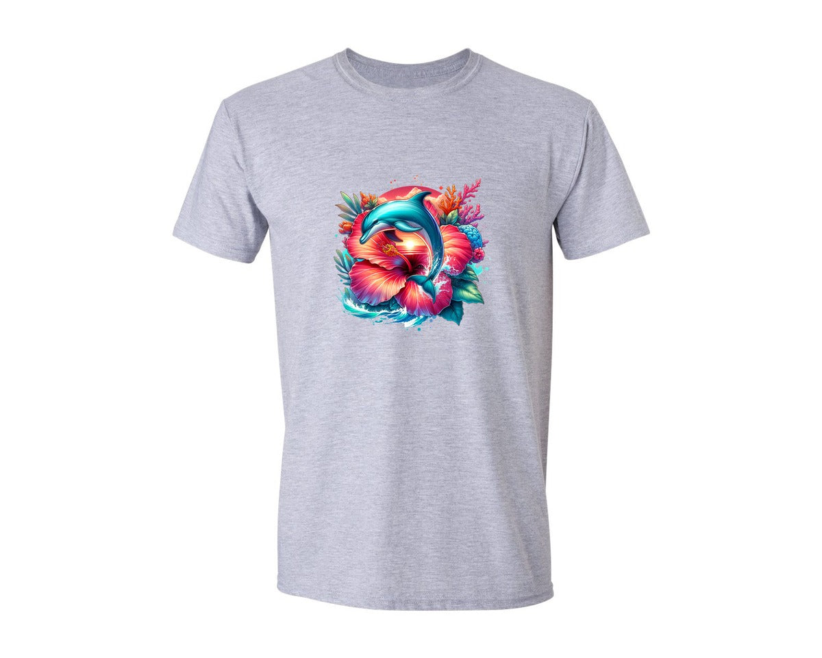 brand:Generic|color:Sports Grey / Athletic Heather|Dolphin Tropical Hibiscus Flower Graphic T-Shirt