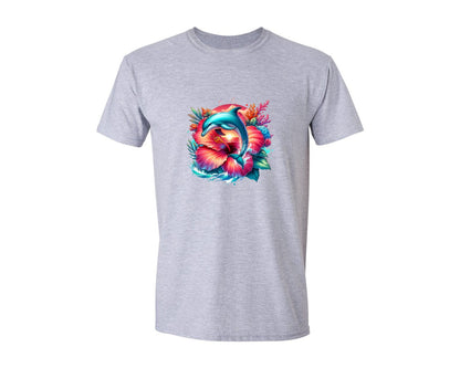 brand:Generic|color:Sports Grey / Athletic Heather|Dolphin Tropical Hibiscus Flower Graphic T-Shirt