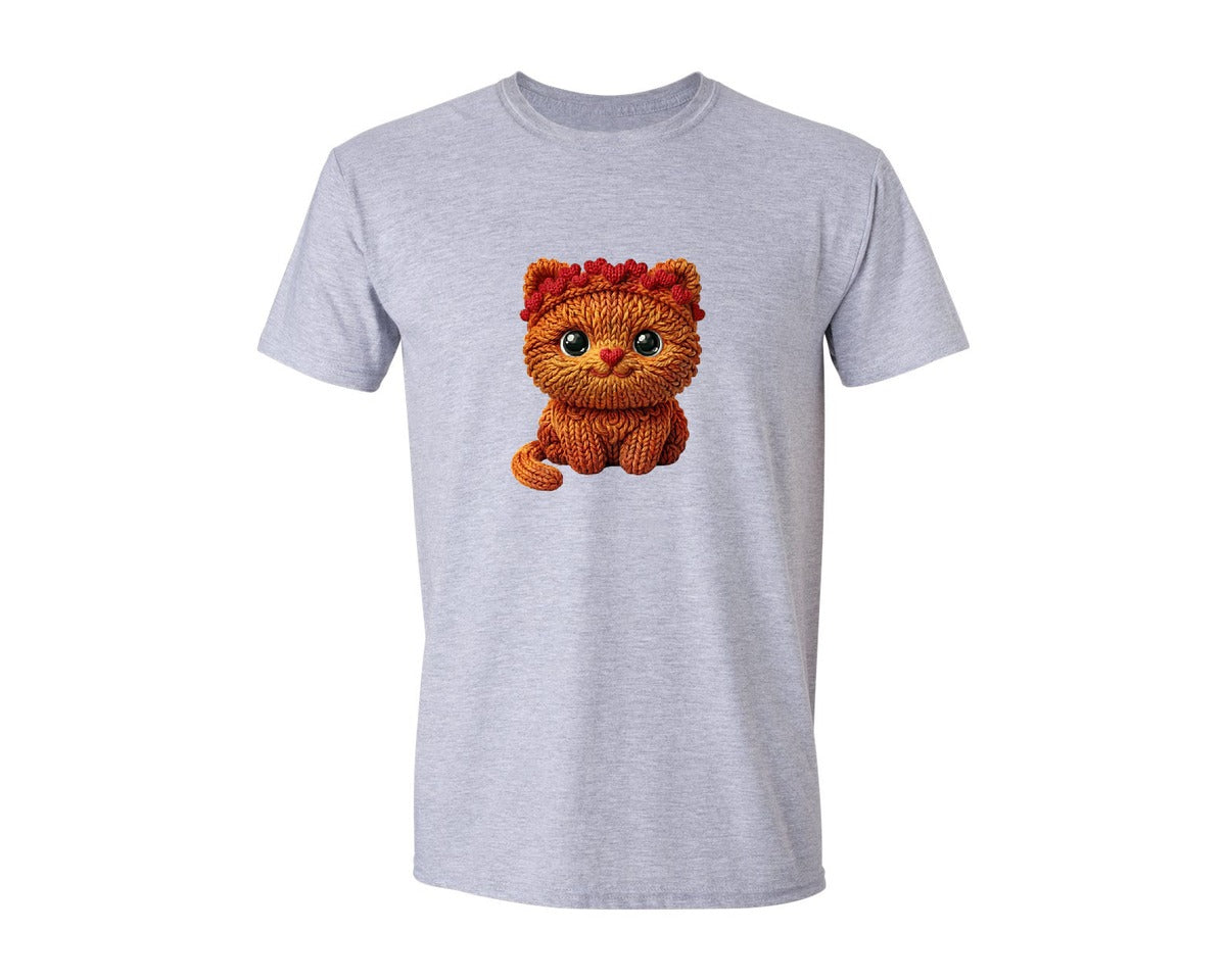 brand:Generic|color:Sports Grey / Athletic Heather|Faux Yarn Knitted Valentine Cat 2 Graphic T-Shirt