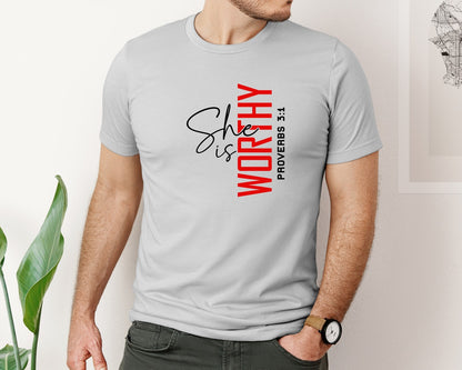 brand:Bella Canvas|color:Sports Grey / Athletic Heather|She Is Worthy Christian Graphic T-Shirt