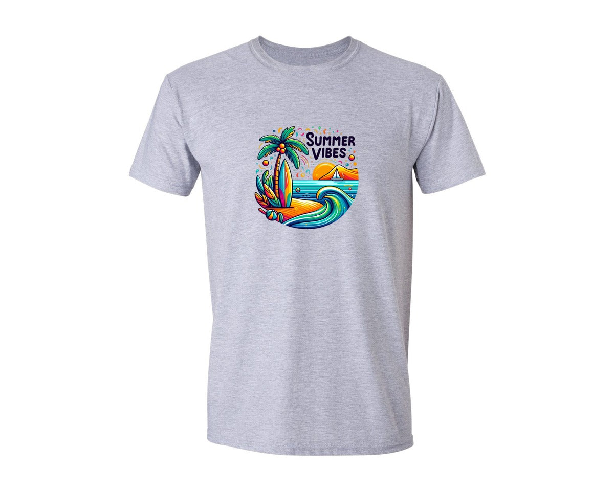 brand:Generic|color:Sports Grey / Athletic Heather|Summer Surf Waves Palm Tree Summer Vibes Graphic T-Shirt