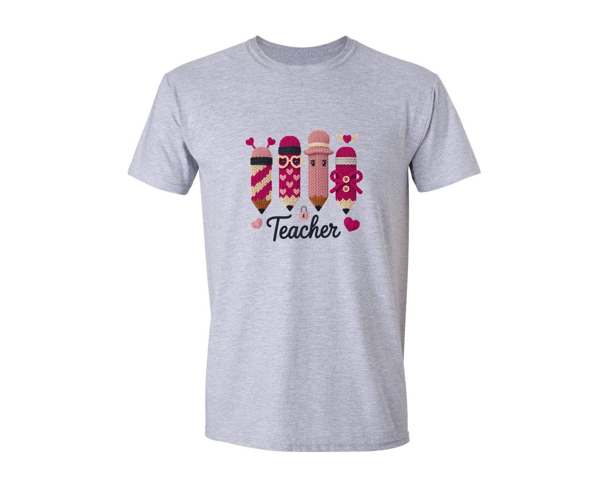 brand:Generic|color:Sports Grey / Athletic Heather|Knitted Teacher Pencils Hearts Shirt Graphic T-Shirt