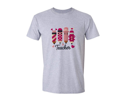 brand:Generic|color:Sports Grey / Athletic Heather|Knitted Teacher Pencils Hearts Shirt Graphic T-Shirt