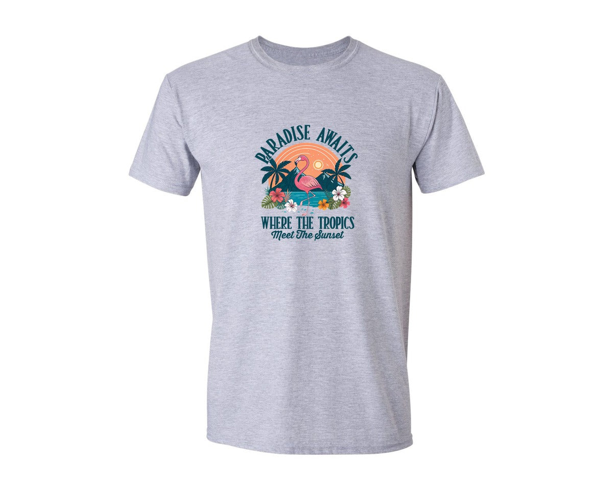 brand:Generic|color:Sports Grey / Athletic Heather|Summer Sunset Flamingo Summer Vibes Graphic T-Shirt