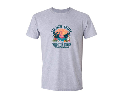 brand:Generic|color:Sports Grey / Athletic Heather|Summer Sunset Flamingo Summer Vibes Graphic T-Shirt