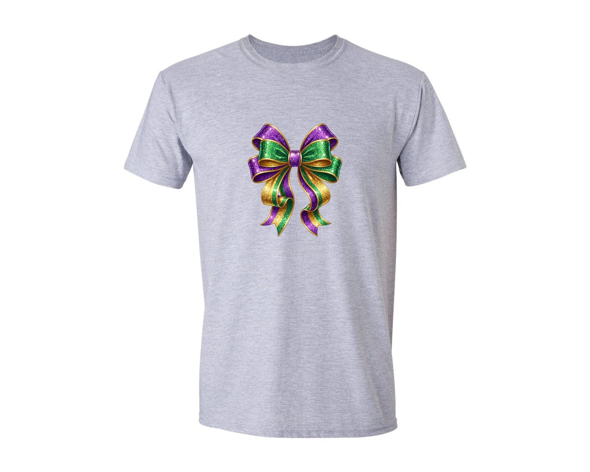 brand:Generic|color:Sports Grey / Athletic Heather|Mardi Gras Glitter Coquette Bow Graphic T-Shirt