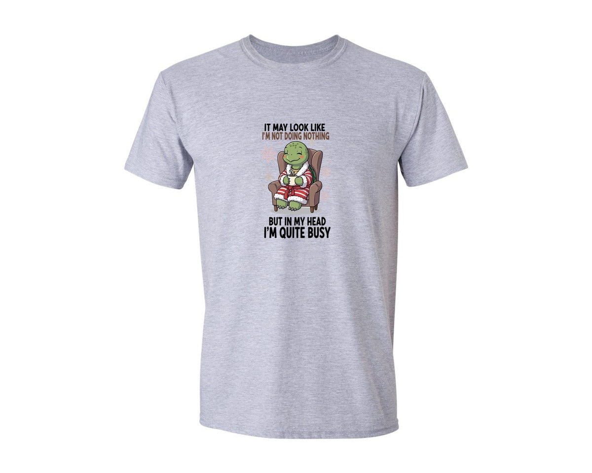 brand:Generic|color:Sports Grey / Athletic Heather|Funny Turtle Busy In My Head Quote Graphic T-Shirt