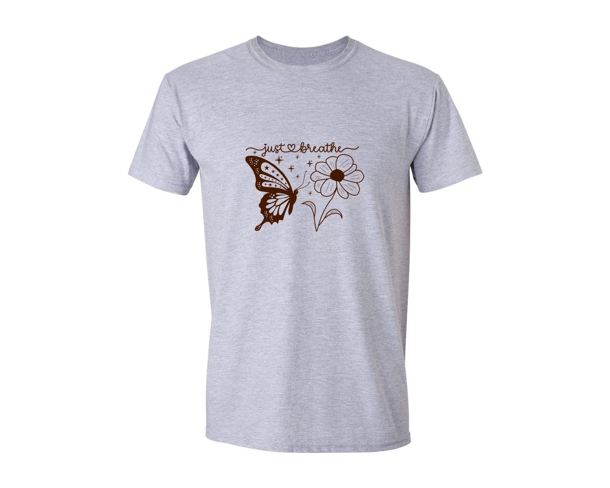 brand:Generic|color:Sports Grey / Athletic Heather|Just Breathe Butterfly Graphic T-Shirt
