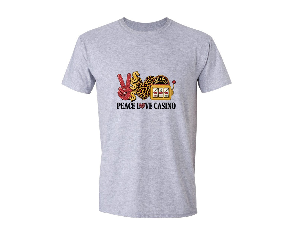 brand:Generic|color:Sports Grey / Athletic Heather|Peace Love Casino Leopard Print Slot Graphic T-Shirt