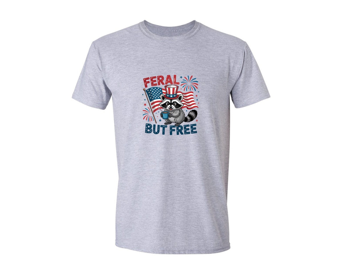 brand:Generic|color:Sports Grey / Athletic Heather|Feral But Free Raccoon 4Th Of July 5 Graphic T-Shirt