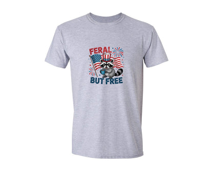 brand:Generic|color:Sports Grey / Athletic Heather|Feral But Free Raccoon 4Th Of July 5 Graphic T-Shirt