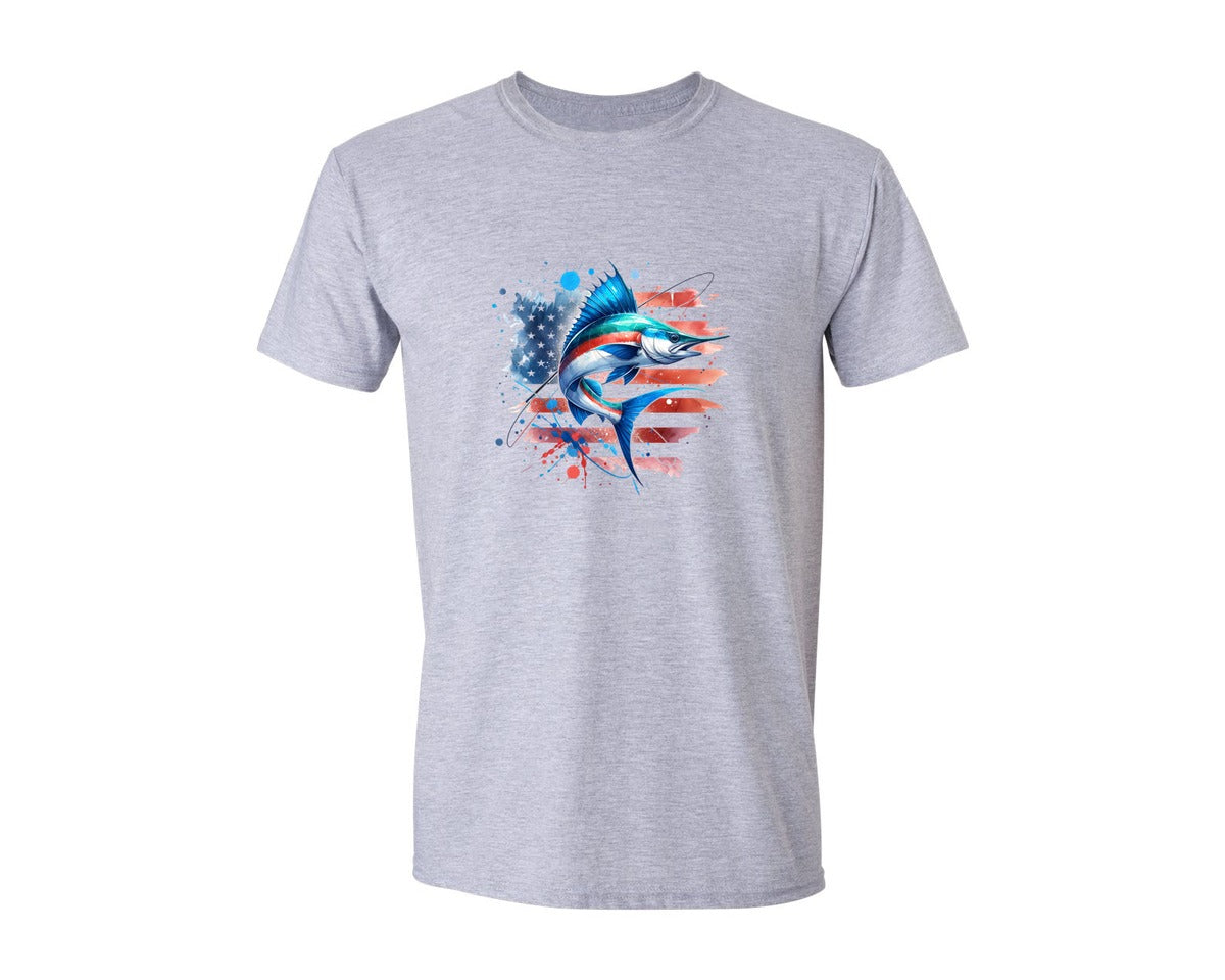 brand:Generic|color:Sports Grey / Athletic Heather|American Flag Sailfish Fishing Graphic T-Shirt
