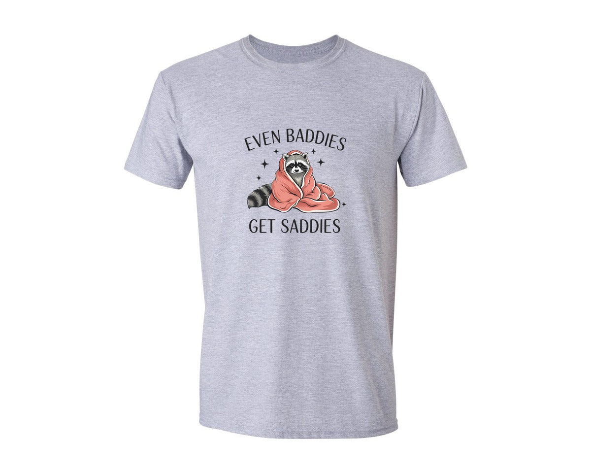 brand:Generic|color:Sports Grey / Athletic Heather|Even Baddies Get Saddies Raccoon Graphic T-Shirt