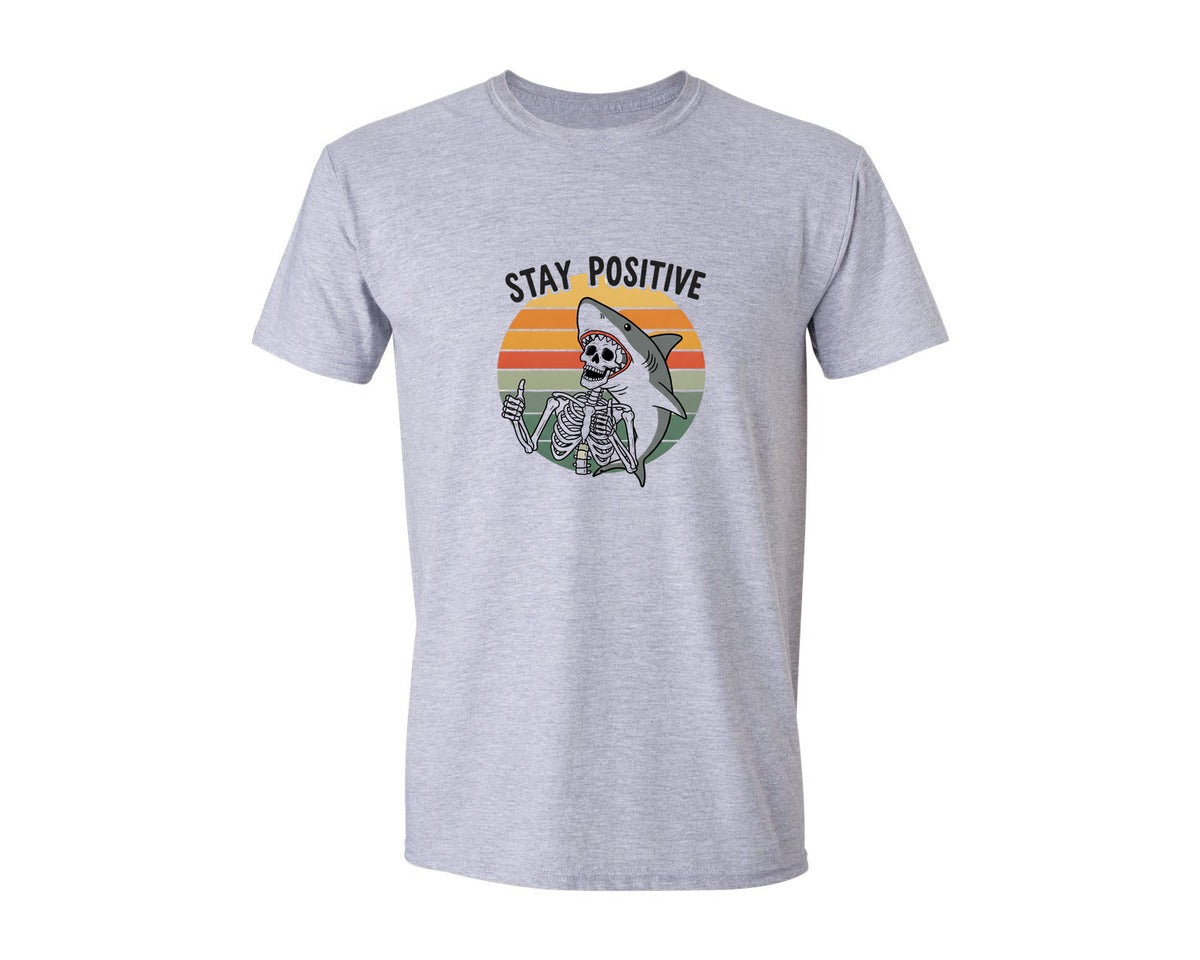 brand:Generic|color:Sports Grey / Athletic Heather|Stay Positive Funny Shark Graphic T-Shirt