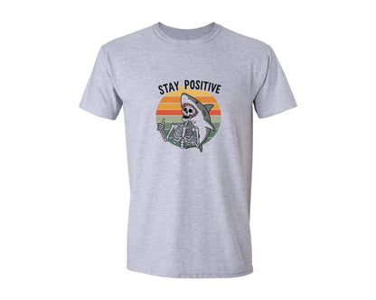 brand:Generic|color:Sports Grey / Athletic Heather|Stay Positive Funny Shark Graphic T-Shirt