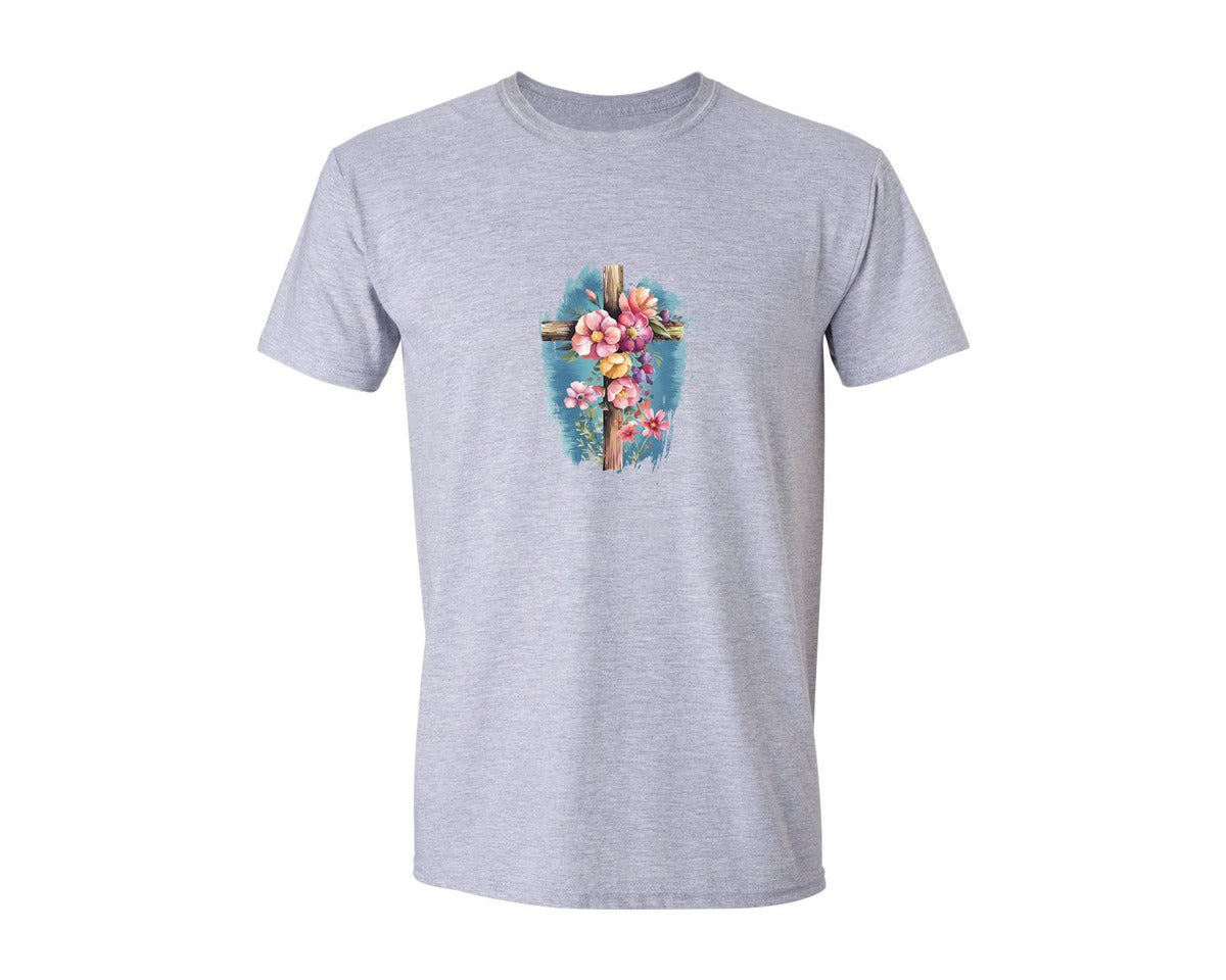 brand:Generic|color:Sports Grey / Athletic Heather|Floral Christian Cross Graphic T-Shirt