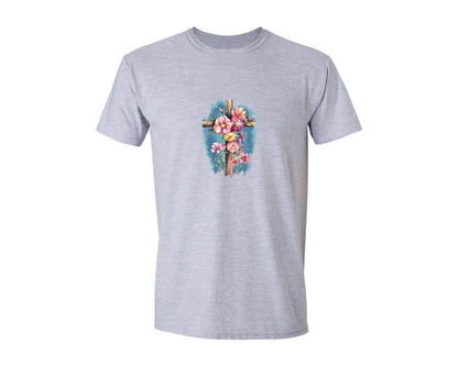 brand:Generic|color:Sports Grey / Athletic Heather|Floral Christian Cross Graphic T-Shirt