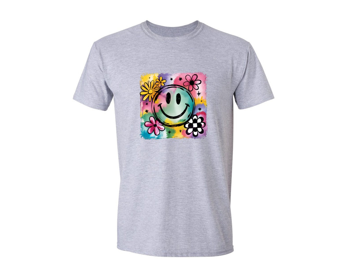 brand:Generic|color:Sports Grey / Athletic Heather|Retro Smiley Face Smiley Floral 3 Graphic T-Shirt
