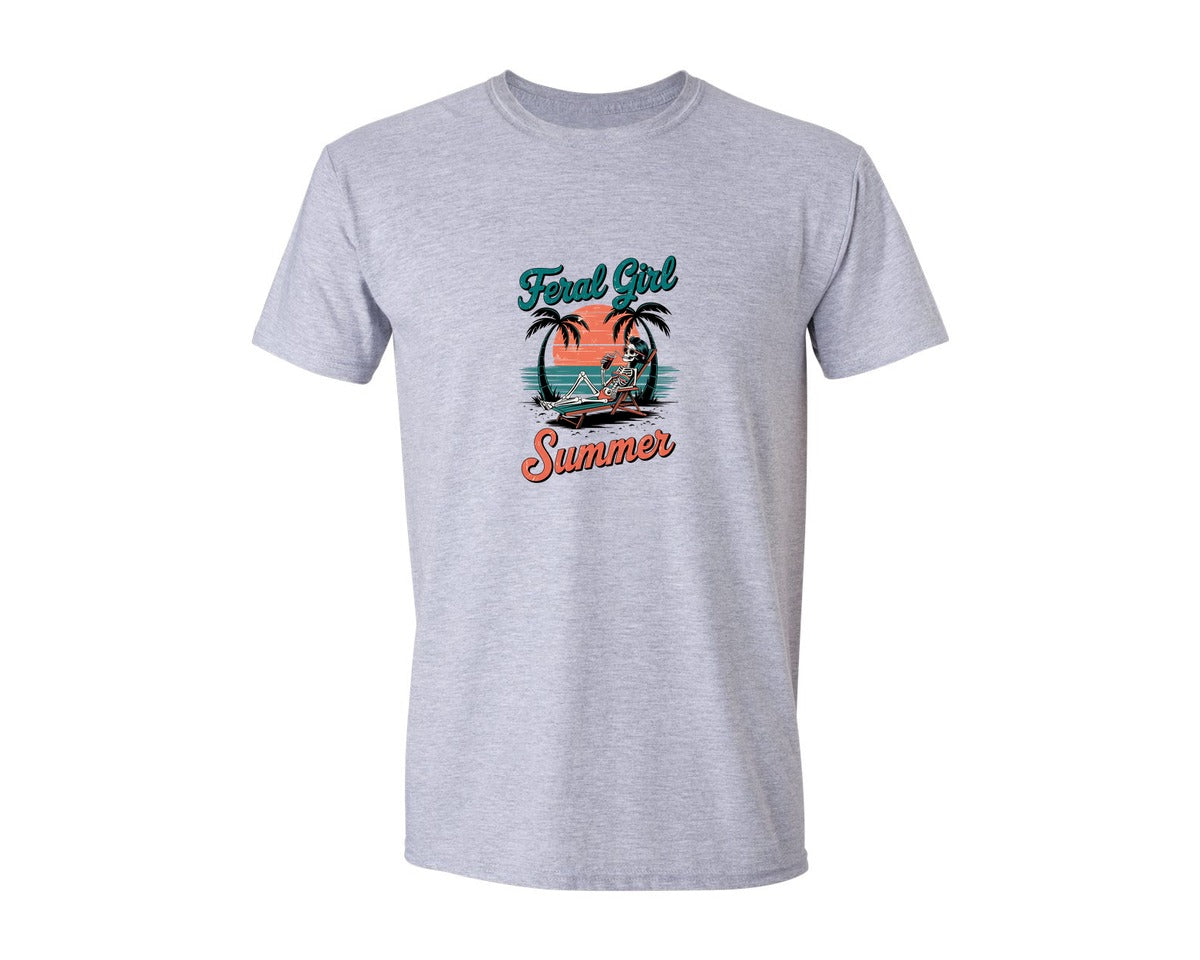 brand:Generic|color:Sports Grey / Athletic Heather|Feral Girl Summer Beach Skeleton Graphic T-Shirt