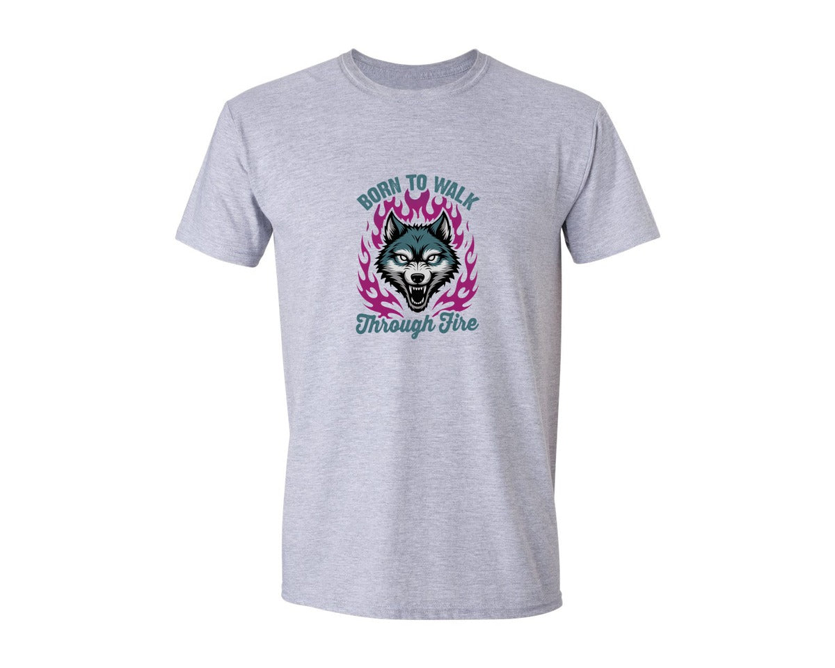 brand:Generic|color:Sports Grey / Athletic Heather|Born To Walk Through Fire Wolf Graphic T-Shirt