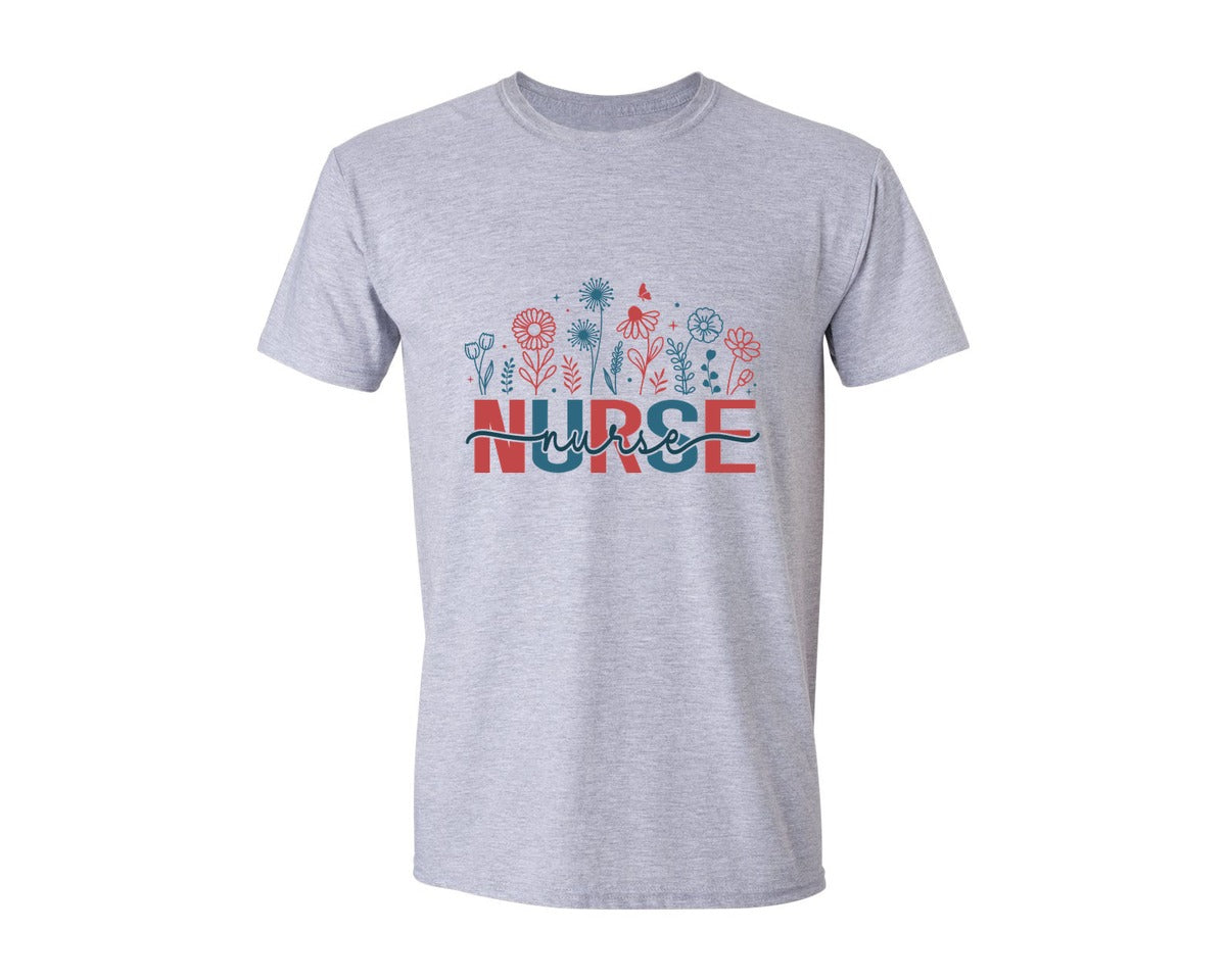 brand:Generic|color:Sports Grey / Athletic Heather|4Th Of July Nurse Floral Usa Flower Graphic T-Shirt