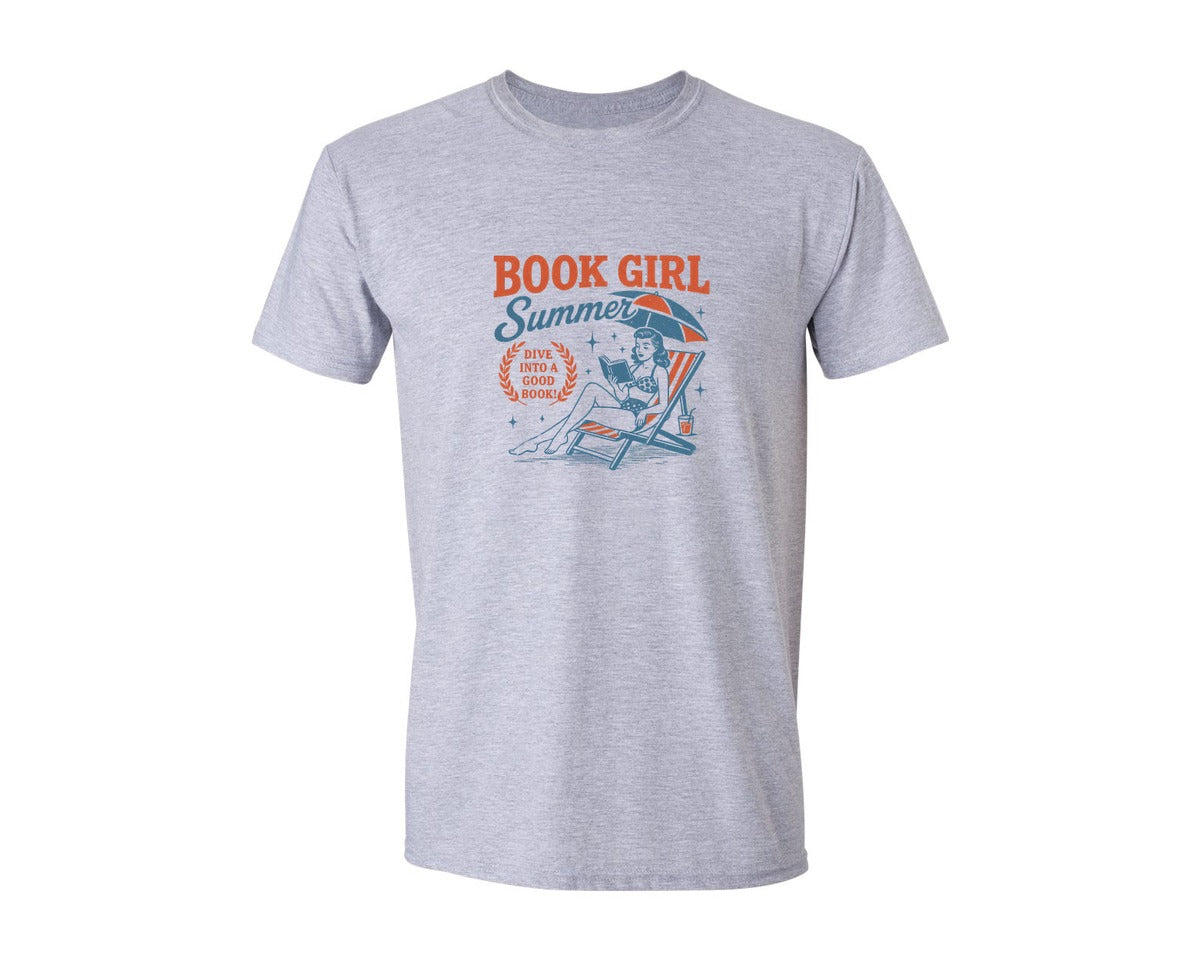 brand:Generic|color:Sports Grey / Athletic Heather|Book Girl Summer Reading Beach Graphic T-Shirt