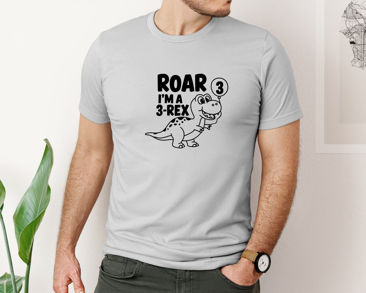 brand:Bella Canvas|color:Sports Grey / Athletic Heather|3 Rex Dinosaur Birthday Graphic T-Shirt