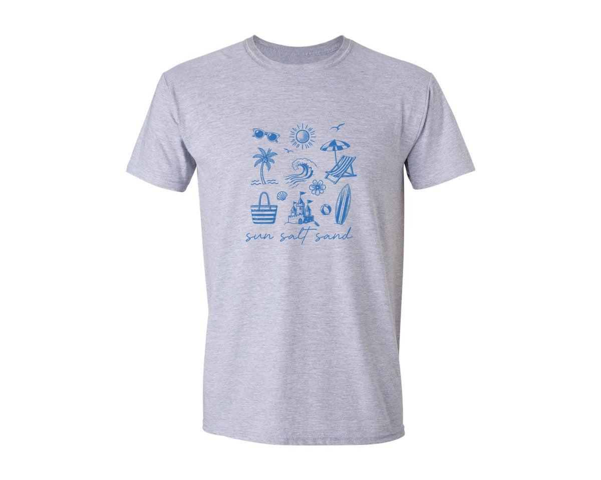 brand:Generic|color:Sports Grey / Athletic Heather|Summer Coastal Sun Salt Sand Line Art Graphic T-Shirt