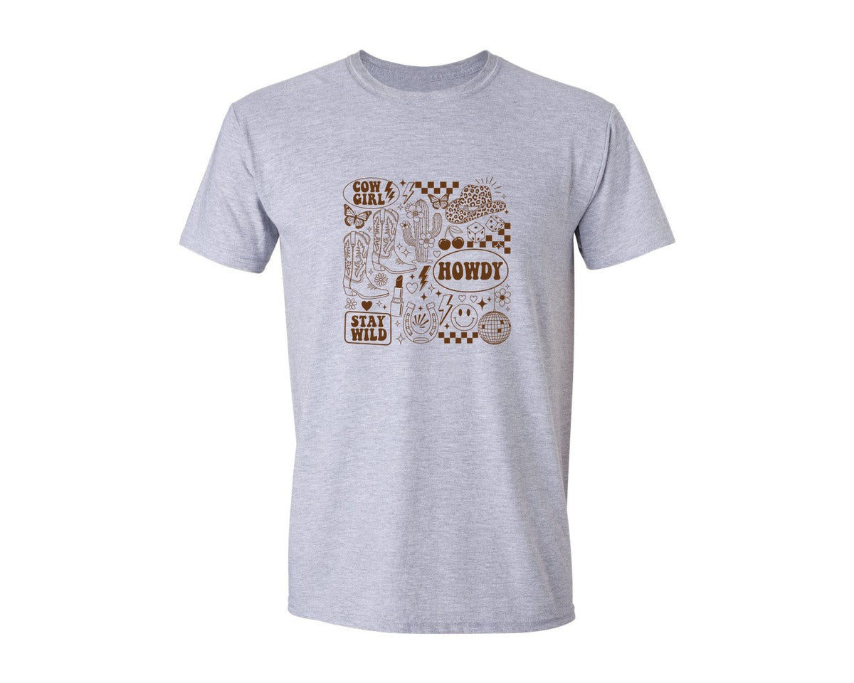 brand:Generic|color:Sports Grey / Athletic Heather|Retro Cowgirl Collage Western Graphic T-Shirt