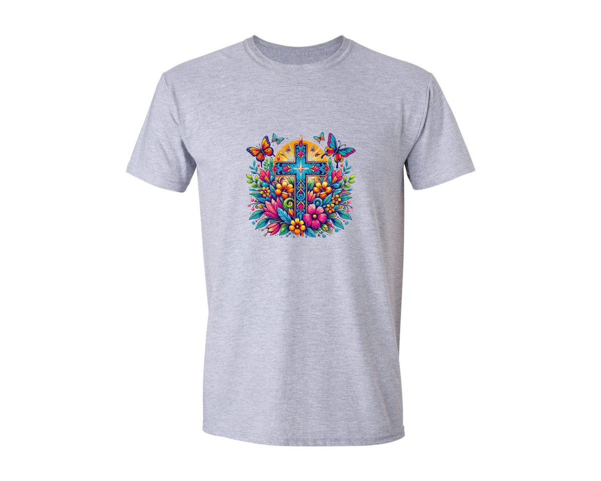brand:Generic|color:Sports Grey / Athletic Heather|Faith Cross With Butterflies Floral Graphic T-Shirt