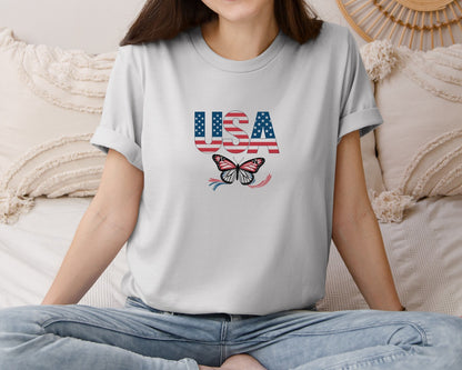 brand:Bella Canvas|color:Sports Grey / Athletic Heather|Usa Butterfly Patriotic Graphic T-Shirt