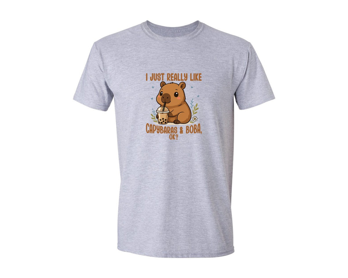 brand:Generic|color:Sports Grey / Athletic Heather|Cute Capybara And Boba T Shirt Graphic T-Shirt