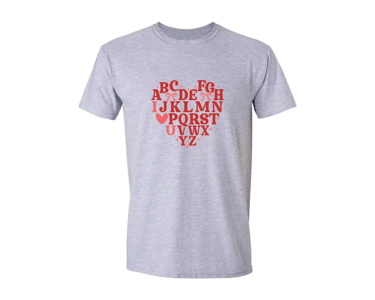 brand:Generic|color:Sports Grey / Athletic Heather|Teacher Alphabet Valentine Bow Graphic T-Shirt