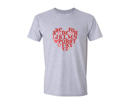 brand:Generic|color:Sports Grey / Athletic Heather|Teacher Alphabet Valentine Bow Graphic T-Shirt