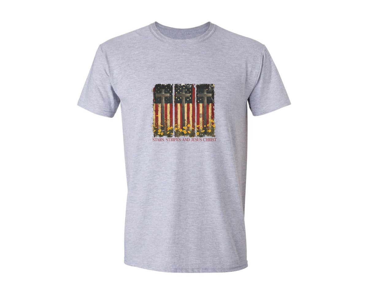 brand:Generic|color:Sports Grey / Athletic Heather|Stars And Stripes And Jesus Christ Graphic T-Shirt