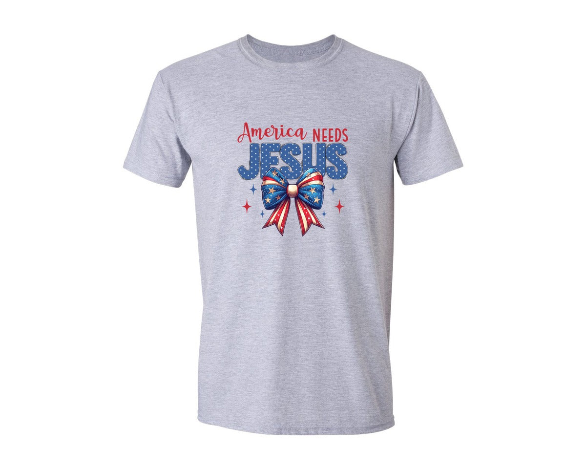 brand:Generic|color:Sports Grey / Athletic Heather|America Needs Jesus Coquette Jesus Graphic T-Shirt