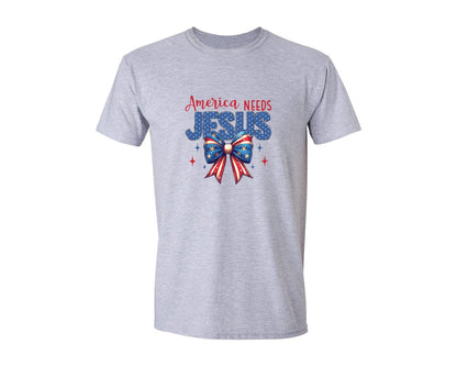 brand:Generic|color:Sports Grey / Athletic Heather|America Needs Jesus Coquette Jesus Graphic T-Shirt