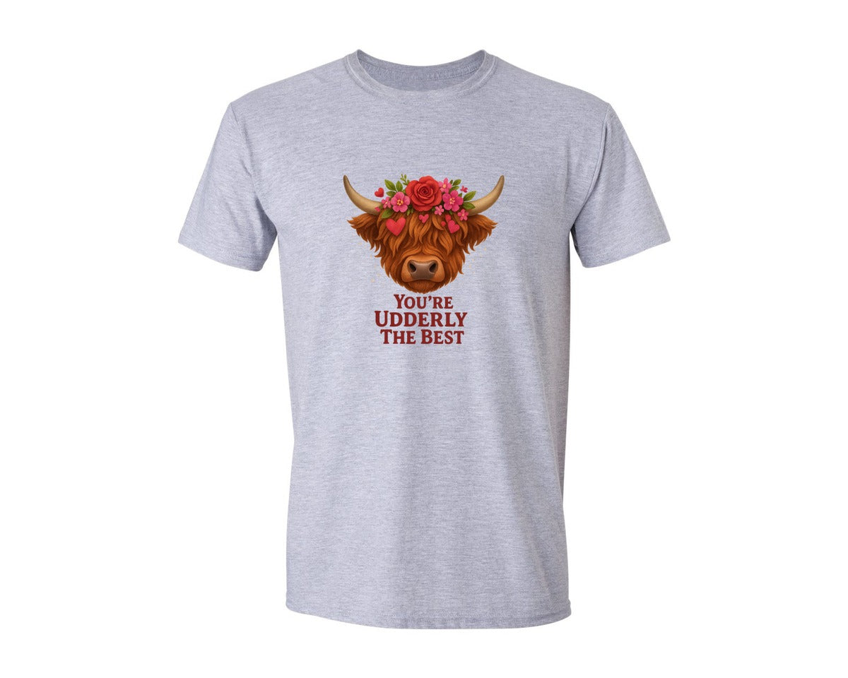 brand:Generic|color:Sports Grey / Athletic Heather|Udderly The Best Highland Cow Clip Graphic T-Shirt