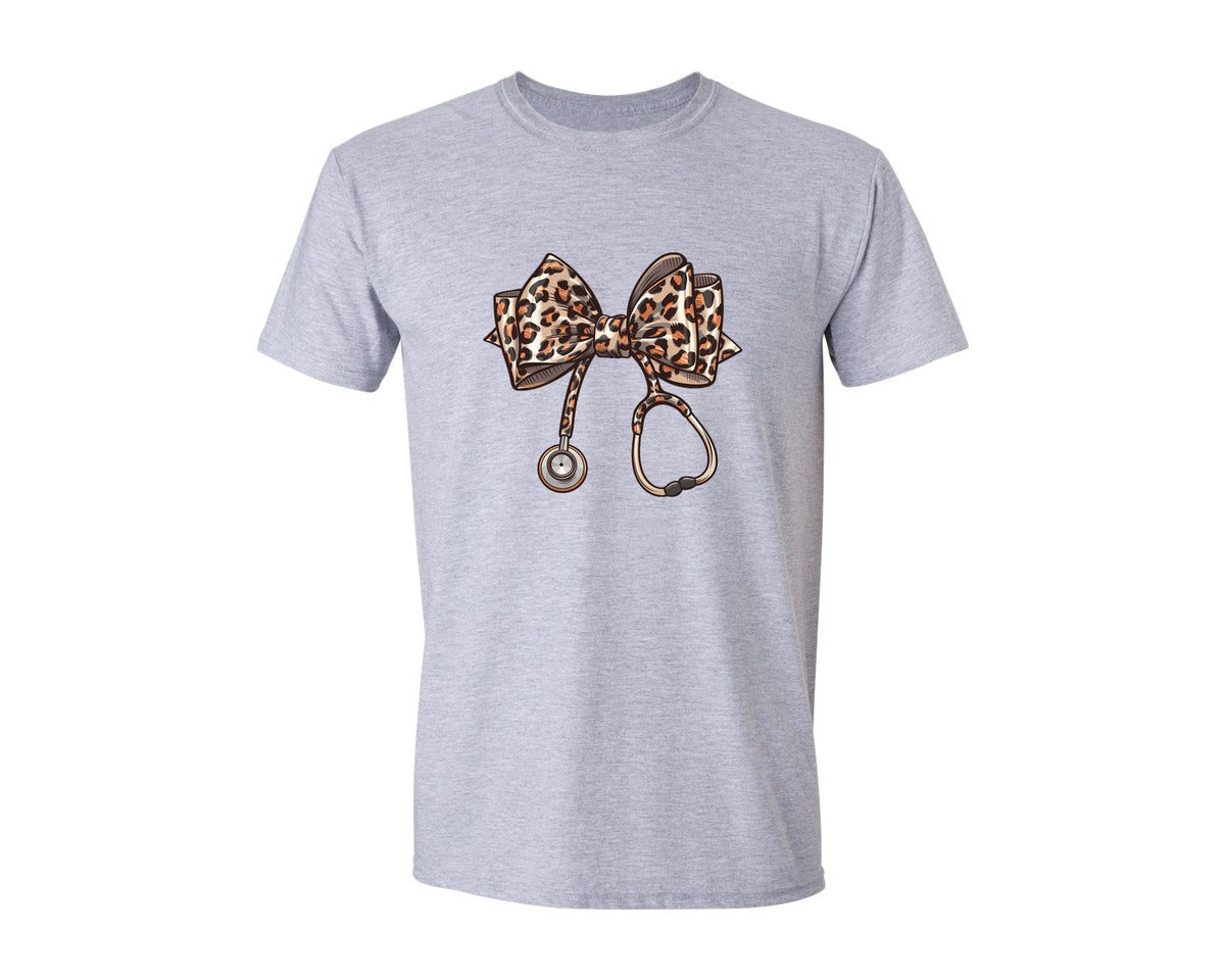 brand:Generic|color:Sports Grey / Athletic Heather|Leopard Print Stethoscope Bow Graphic T-Shirt
