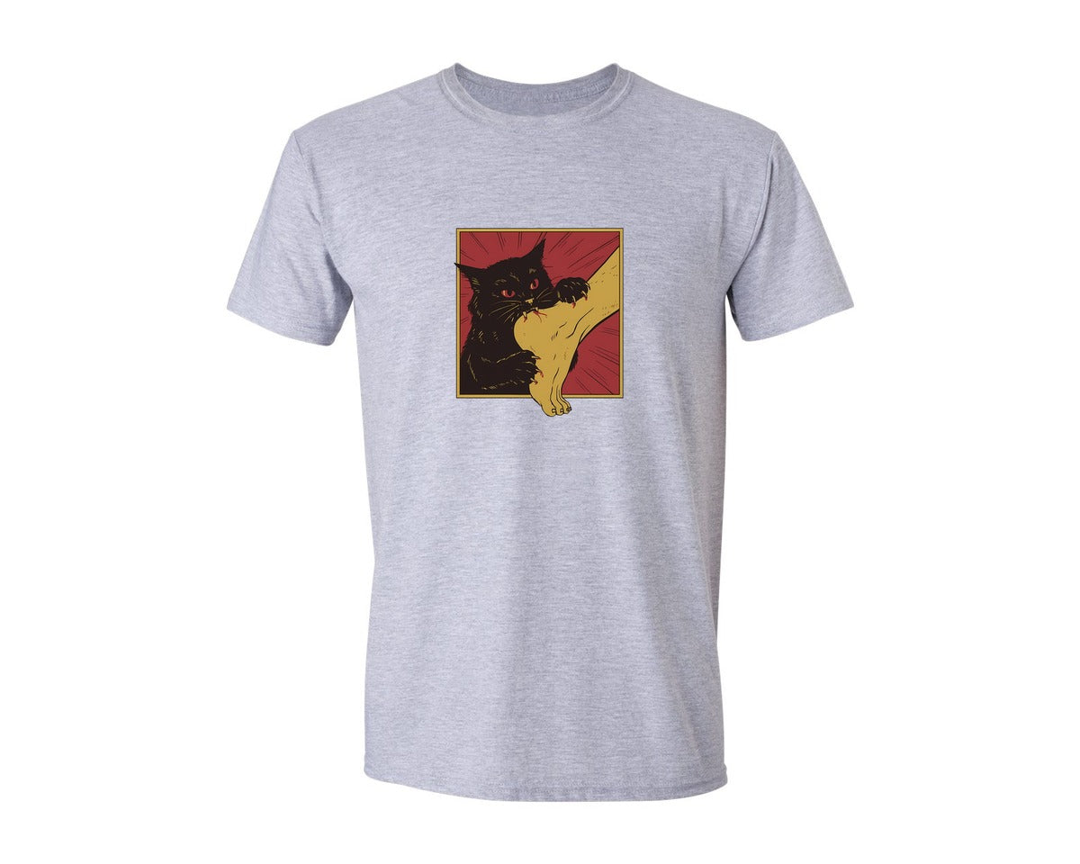 brand:Generic|color:Sports Grey / Athletic Heather|Vintage Horror Japanese Anime Cat Bite Graphic T-Shirt