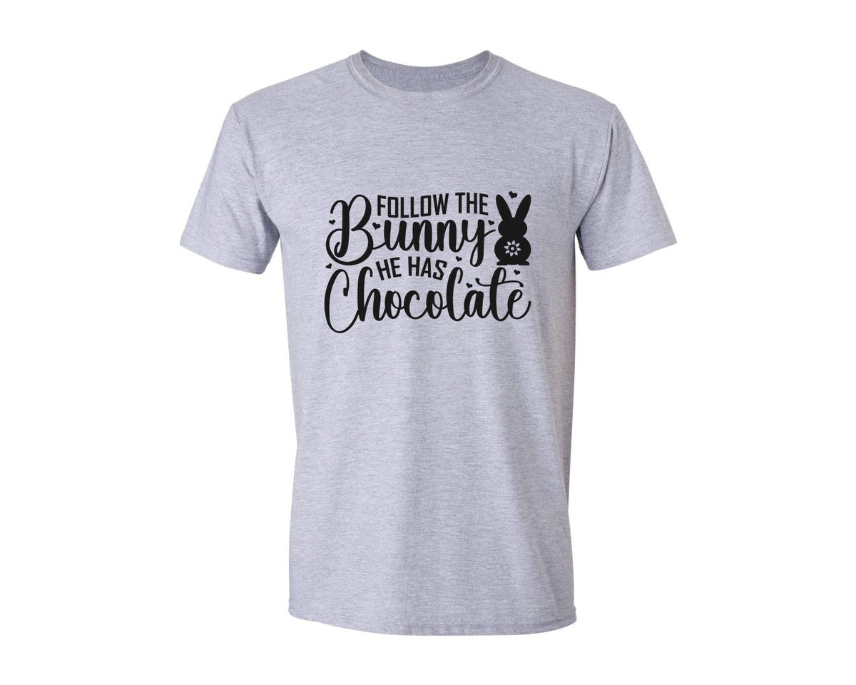 brand:Generic|color:Sports Grey / Athletic Heather|Follow The Bunny He Has Chocolate 65 Graphic T-Shirt