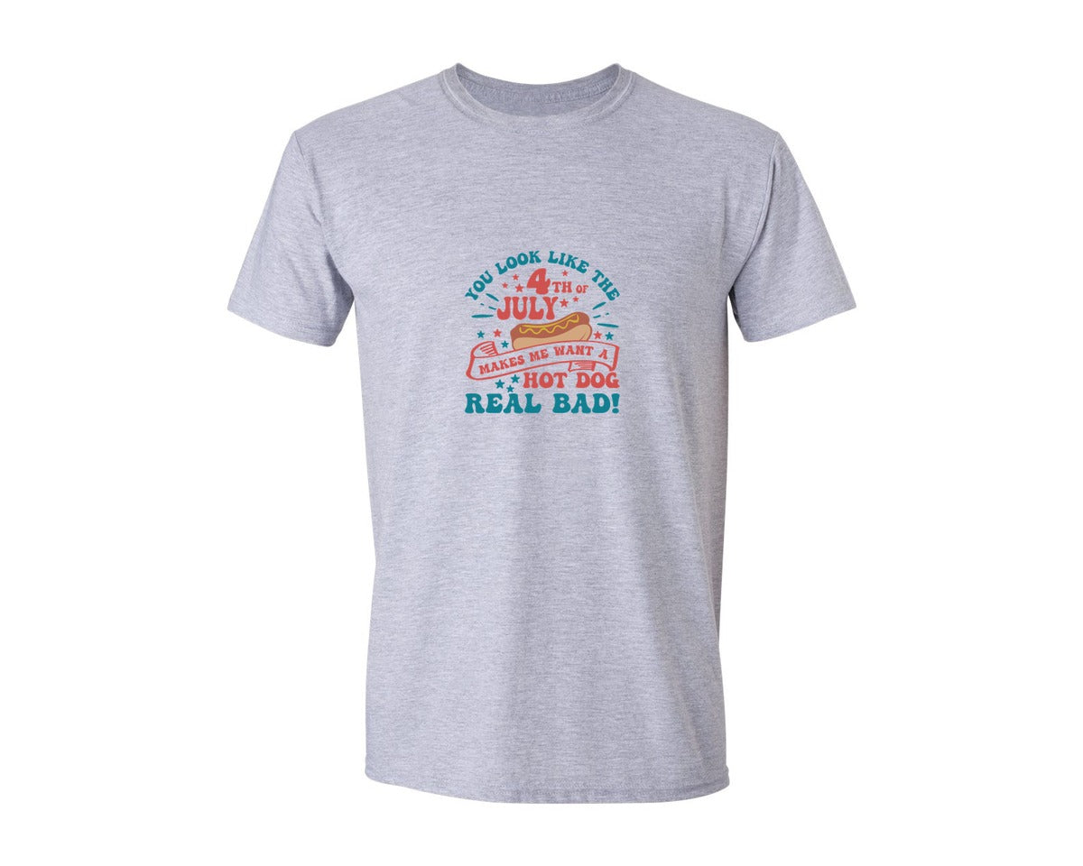 brand:Generic|color:Sports Grey / Athletic Heather|4Th Of July Want A Hot Dog Real Bad Graphic T-Shirt