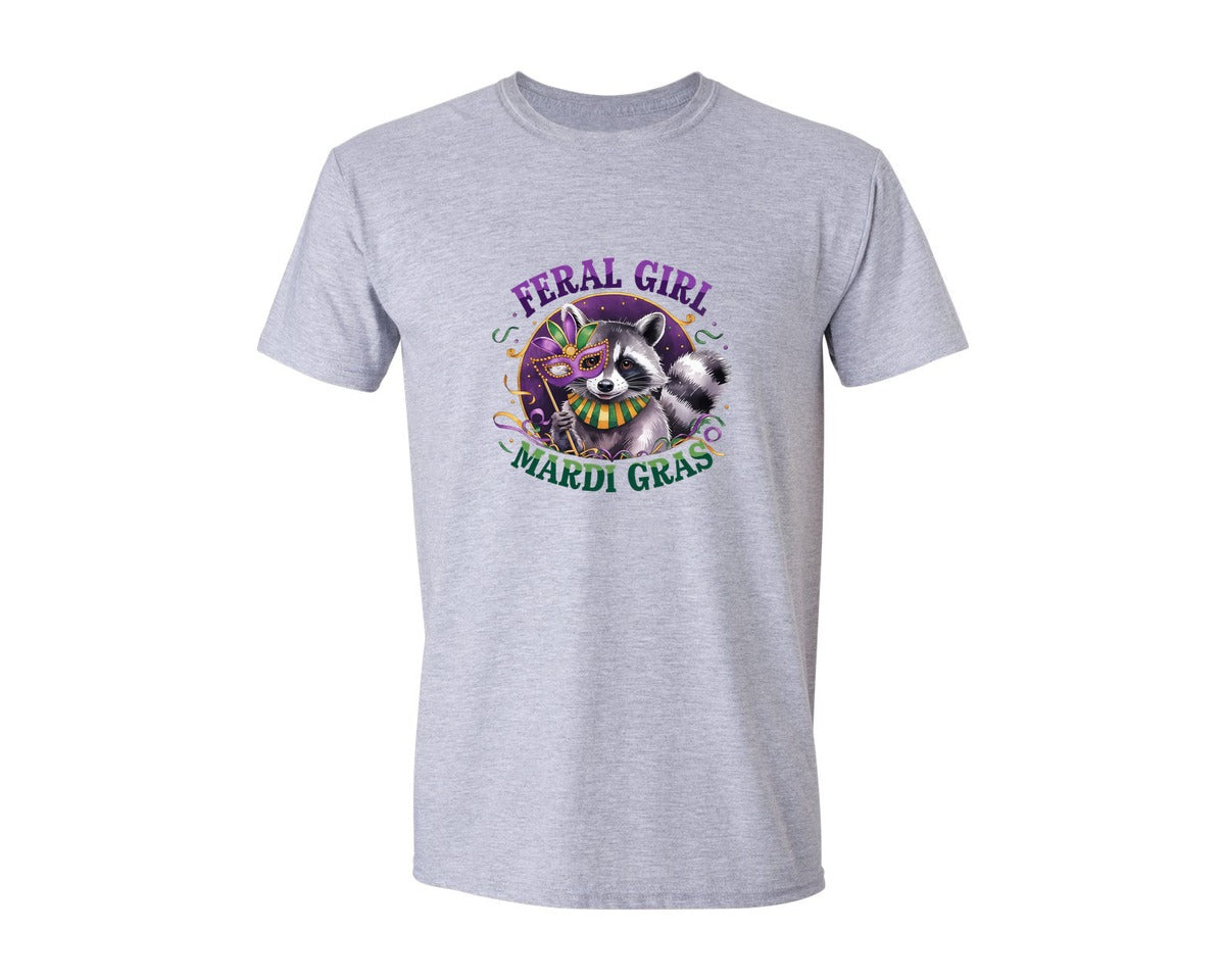 brand:Generic|color:Sports Grey / Athletic Heather|Feral Girl Mardi Gras Funny Raccoon Graphic T-Shirt