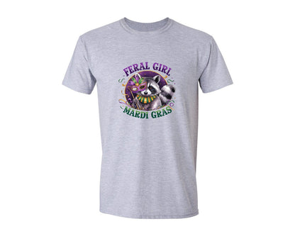 brand:Generic|color:Sports Grey / Athletic Heather|Feral Girl Mardi Gras Funny Raccoon Graphic T-Shirt