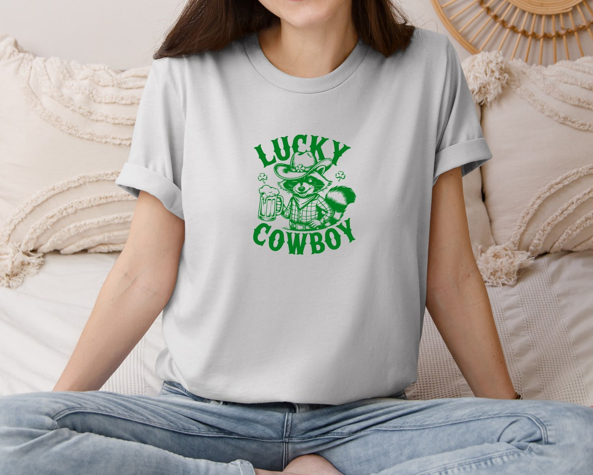 brand:Bella Canvas|color:Sports Grey / Athletic Heather|Lucky Cowboy Funny St Patricks Day Graphic T-Shirt