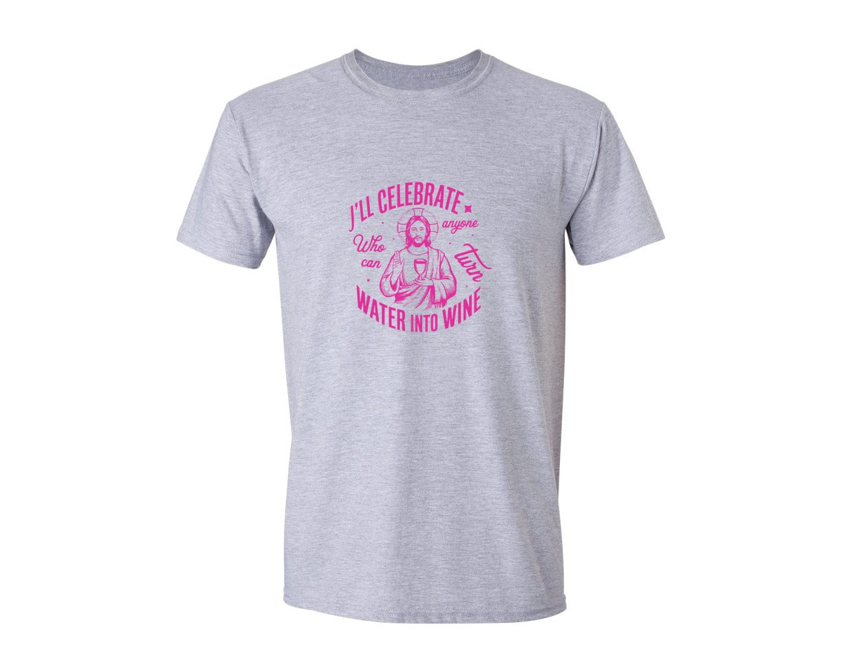 brand:Generic|color:Sports Grey / Athletic Heather|Jesus Water Into Wine Design Graphic T-Shirt