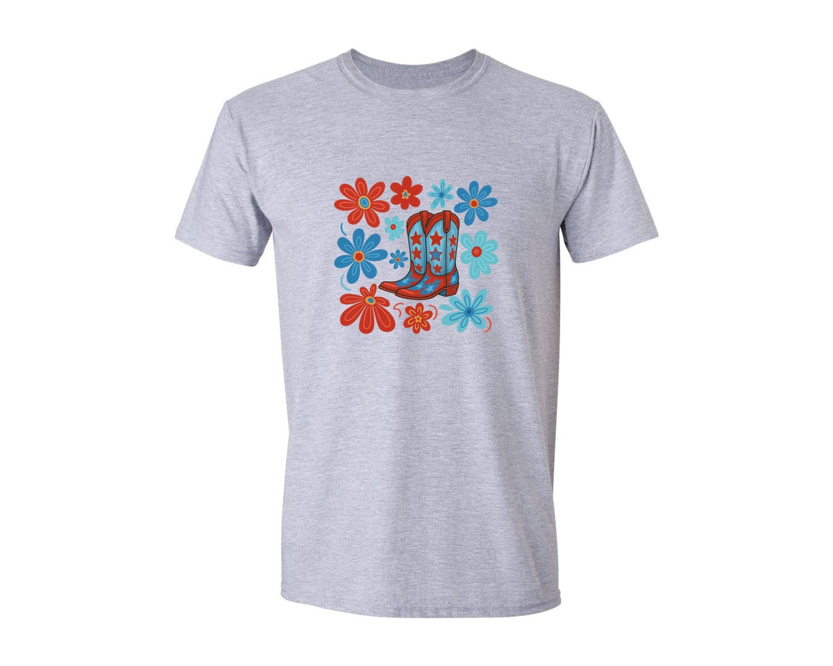 brand:Generic|color:Sports Grey / Athletic Heather|Floral Western Cowgirl Boot America Graphic T-Shirt