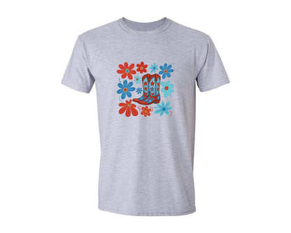 brand:Generic|color:Sports Grey / Athletic Heather|Floral Western Cowgirl Boot America Graphic T-Shirt