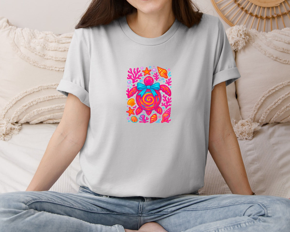 brand:Bella Canvas|color:Sports Grey / Athletic Heather|Summer Sea Turtle Seashell Beach Graphic T-Shirt