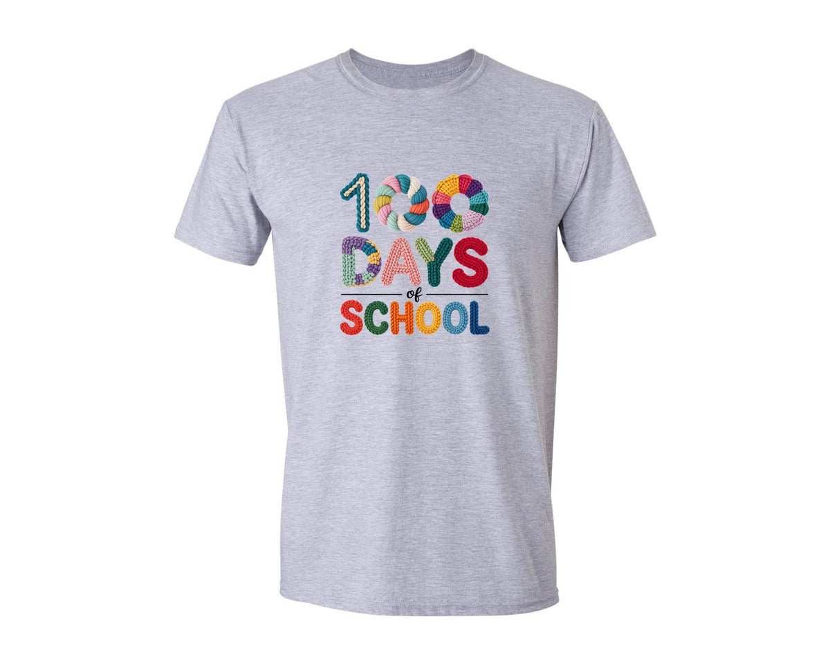 brand:Generic|color:Sports Grey / Athletic Heather|Faux Yarn 100 Days Of School Teach Graphic T-Shirt